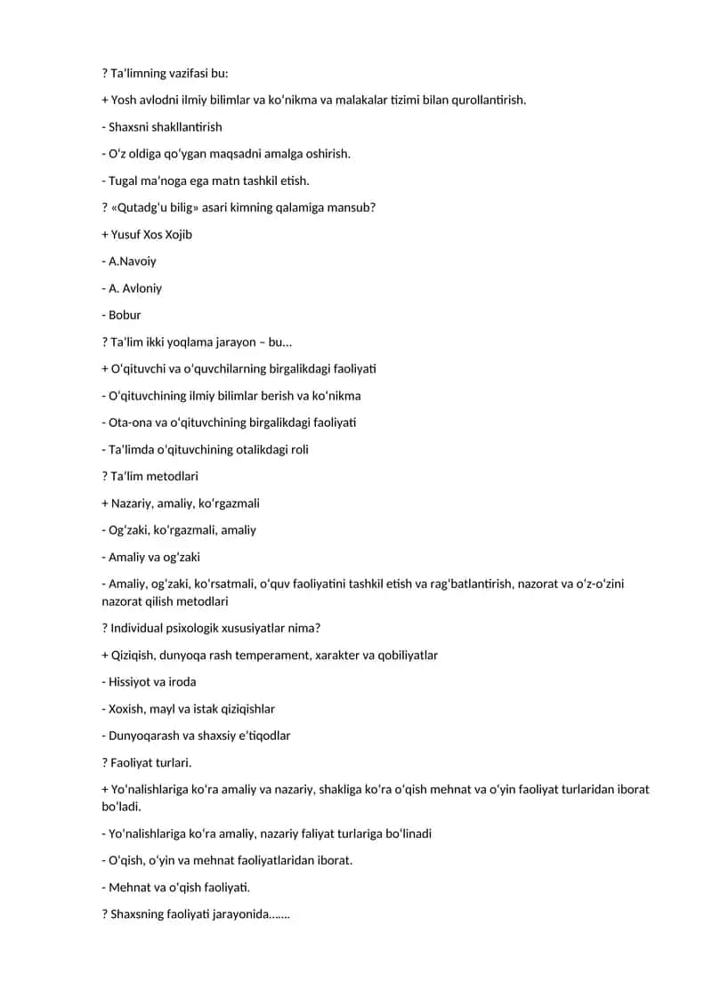 Ta’lim metodlari Pedagokika psixologiya test 1