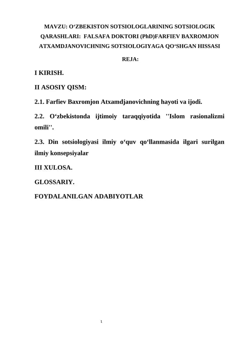 OʻZBEKISTON SOTSIOLOGLARINING SOTSIOLOGIK QARASHLARI: FALSAFA DOKTORI (PhD)FARFIEV BAXROMJON ATXAMDJANOVICHNING SOTSIOLOGIYAGA QOʻSHGAN HISSASI 1
