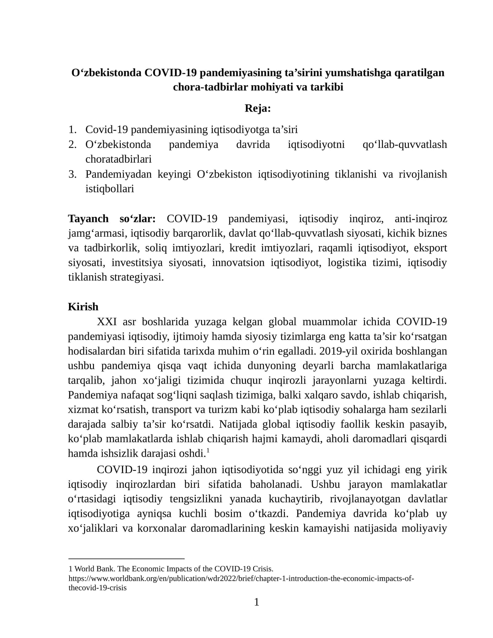 O‘zbekistonda COVID-19 pandemiyasining ta’sirini yumshatishga qaratilgan chora-tadbirlar mohiyati va tarkibi 1