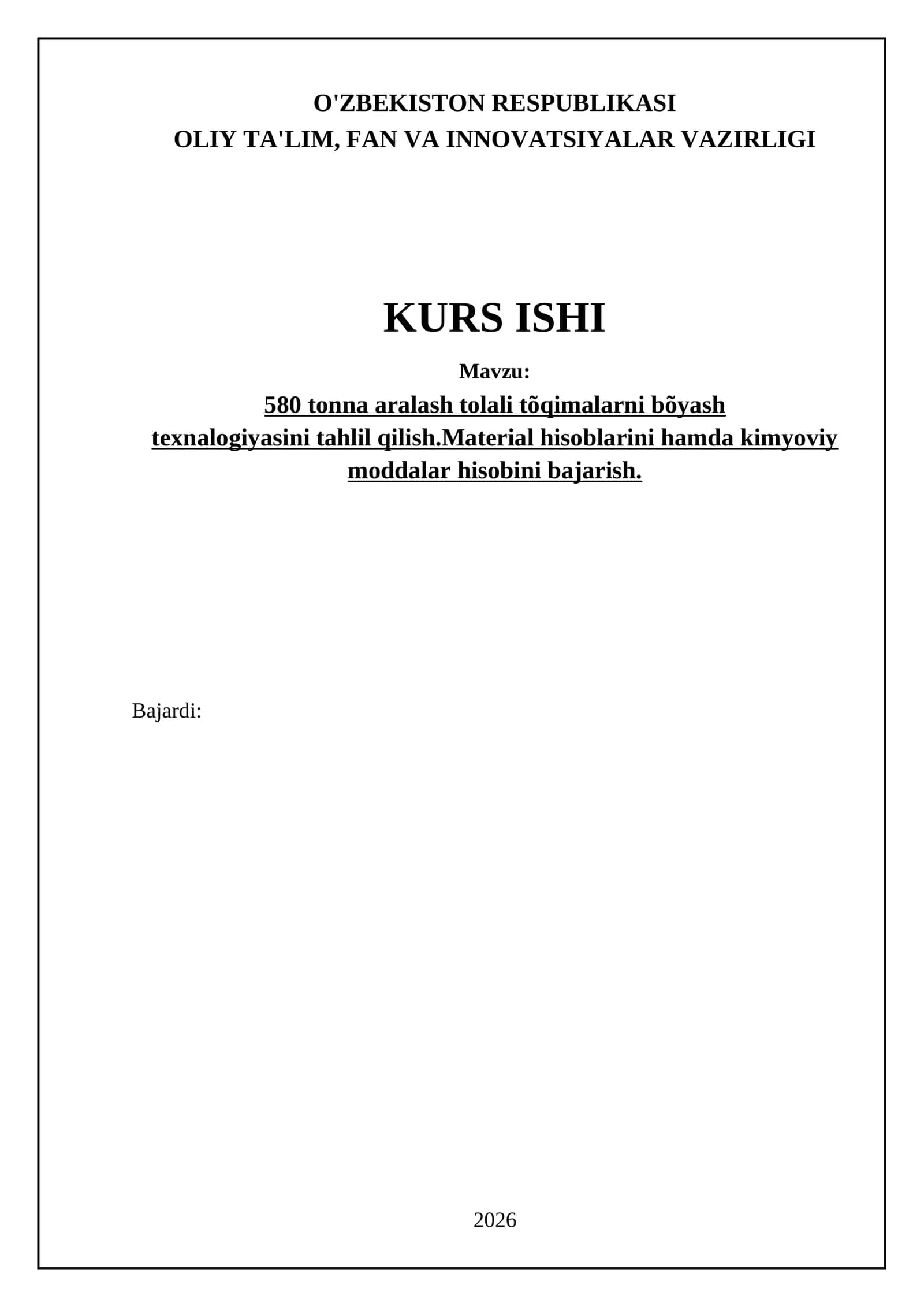 580 tonna aralash tolali tõqimalarni bõyash texnalogiyasini tahlil qilish.Material hisoblarini hamda kimyoviy moddalar hisobini bajarish 1