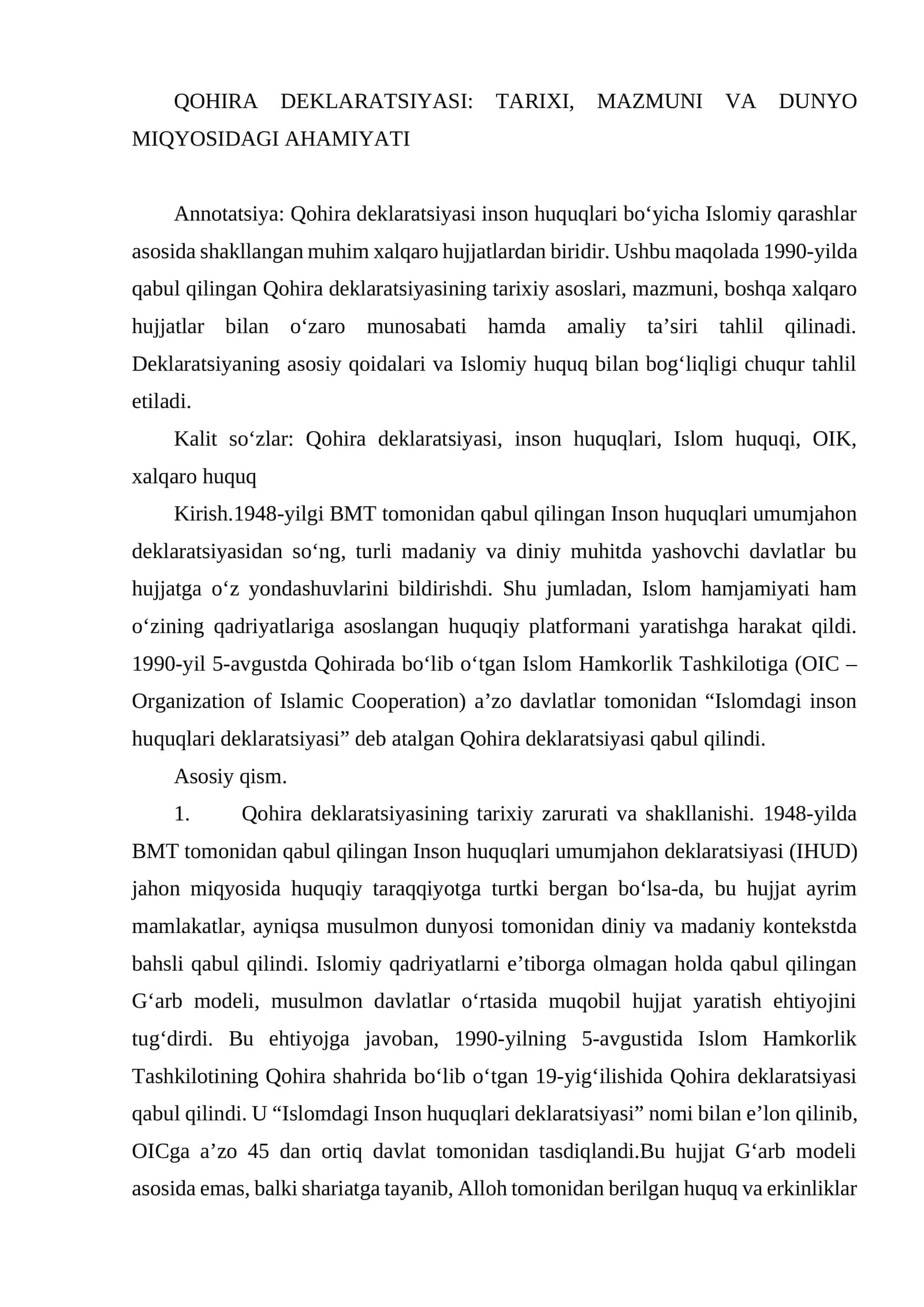 Qohira Deklaratsiyasi: Tarixi, Mazmuni va Dunyo Miqyosidagi Ahamiyati 1