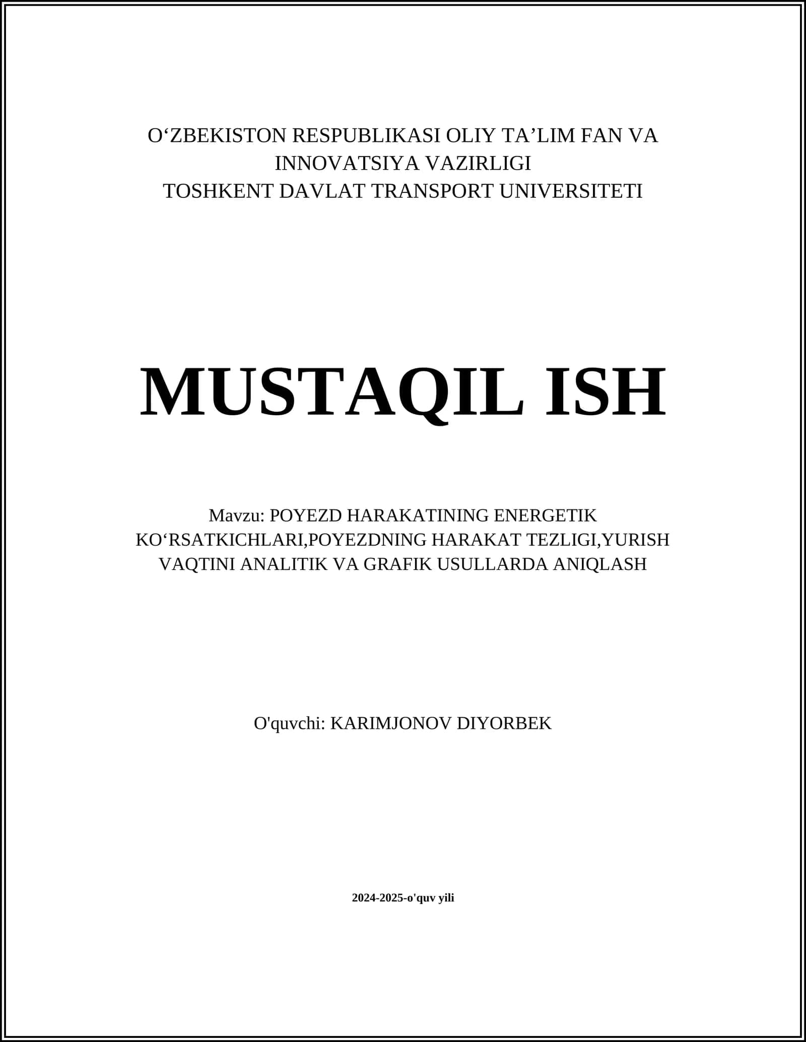 POYEZD HARAKATINING ENERGETIK KOʻRSATKICHLARI, POYEZDNING HARAKAT TEZLIGI, YURISH VAQTINI ANALITIK VA GRAFIK USULLARDA ANIQLASH 1