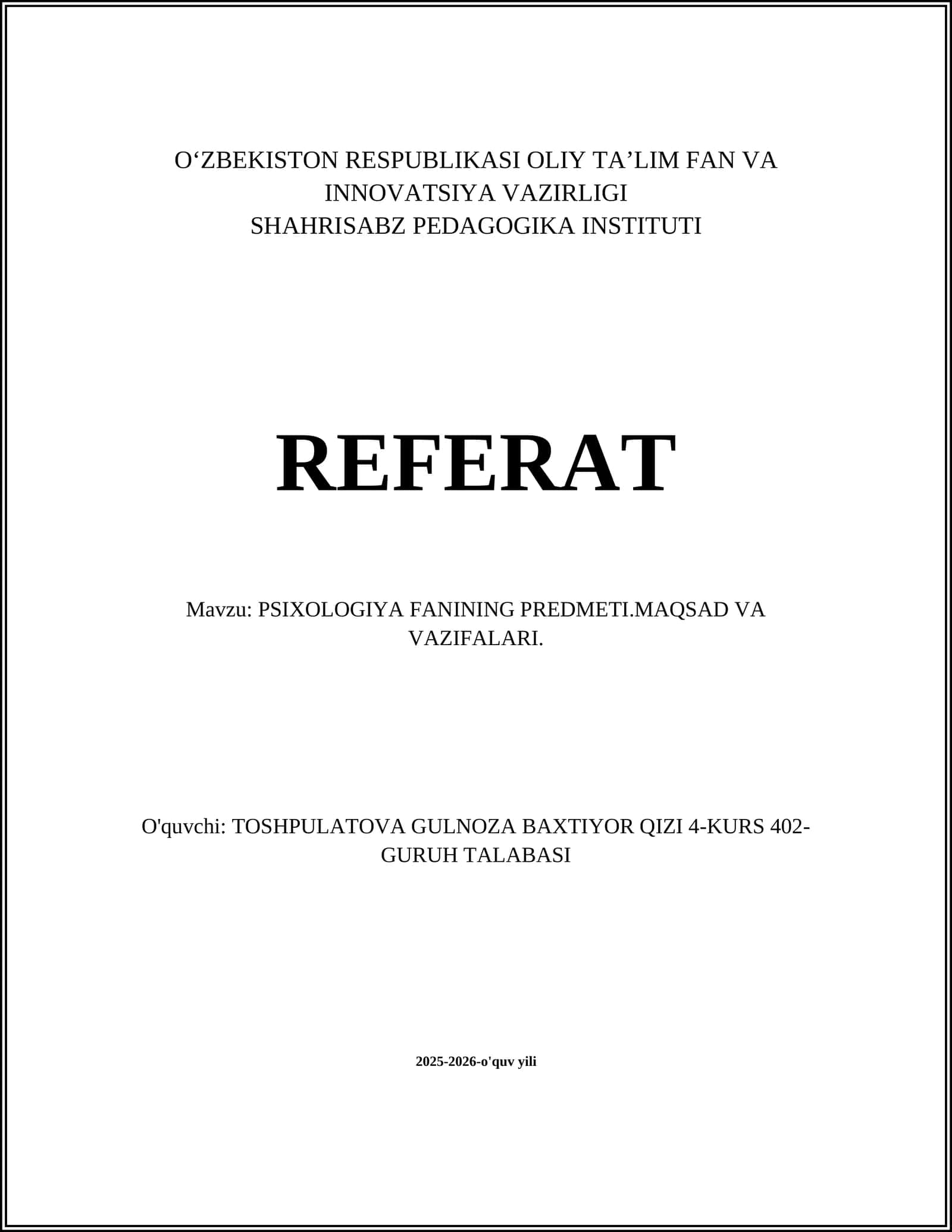 PSIXOLOGIYA FANINING PREDMETI.MAQSAD VA VAZIFALARI 1
