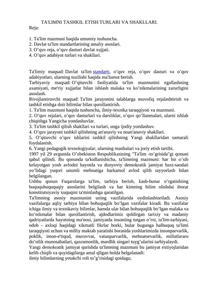 Ta'LIMNI TASHKIL ETISH TURLARI VA SHAKLLARI 1