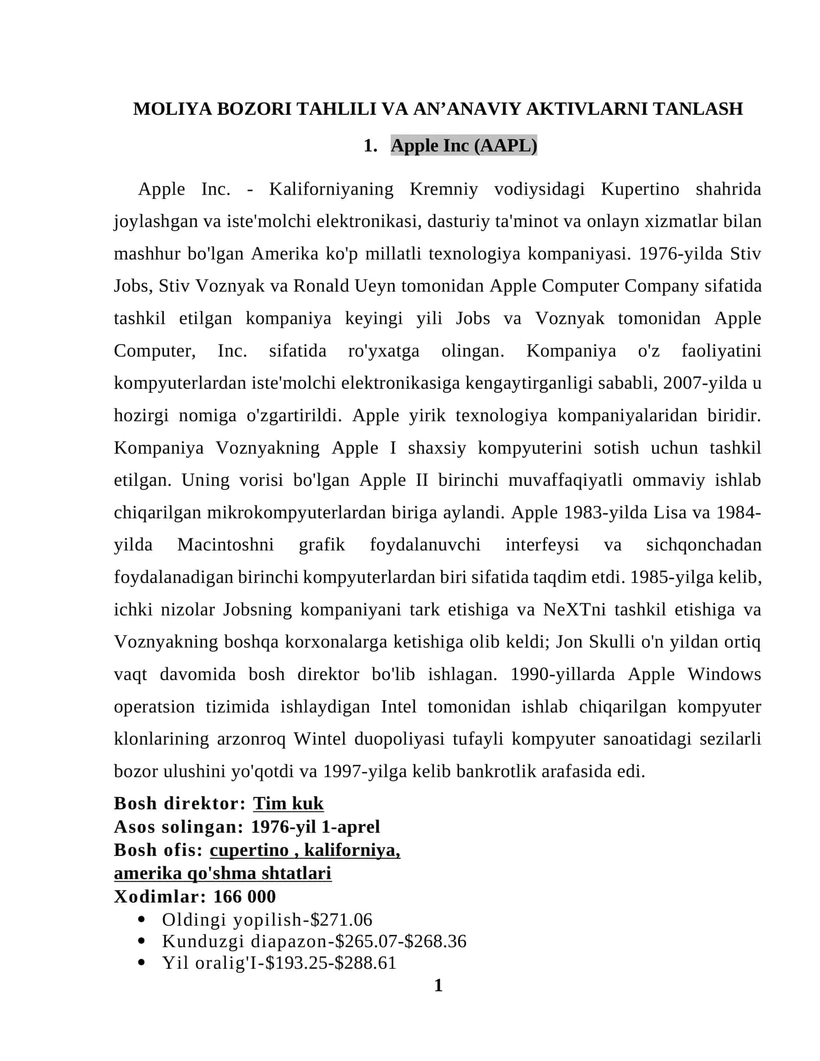 MOLIYA BOZORI TAHLILI VA AN’ANAVIY AKTIVLARNI TANLASH 1