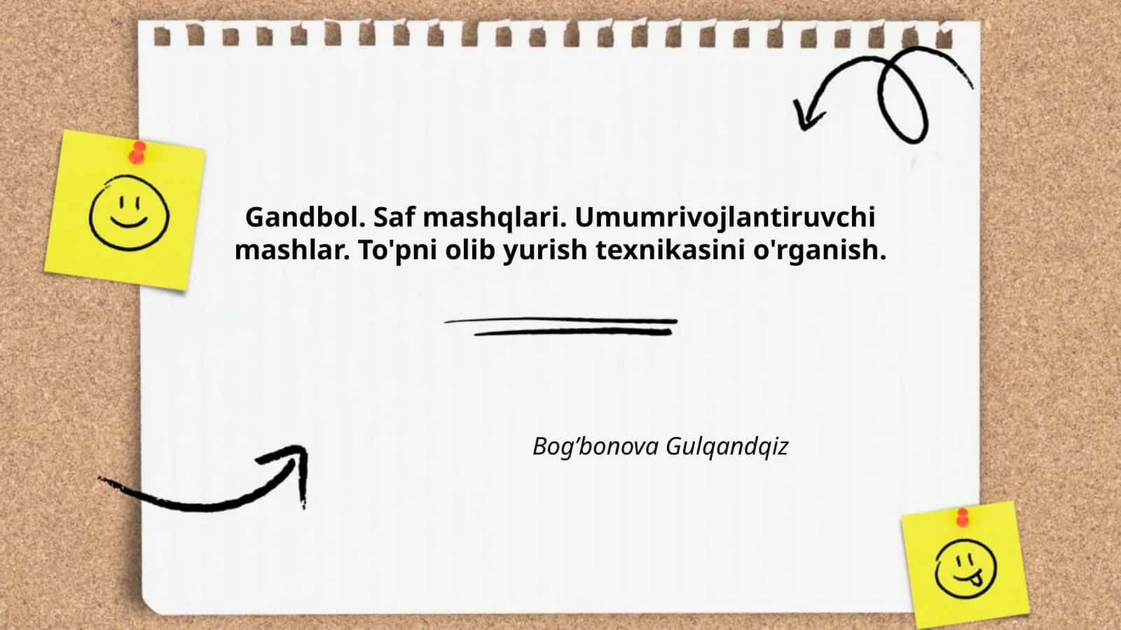 Gandbol. Saf mashqlari. Umumrivojlantiruvchi mashlar. To'pni olib yurish texnikasini o'rganish 1