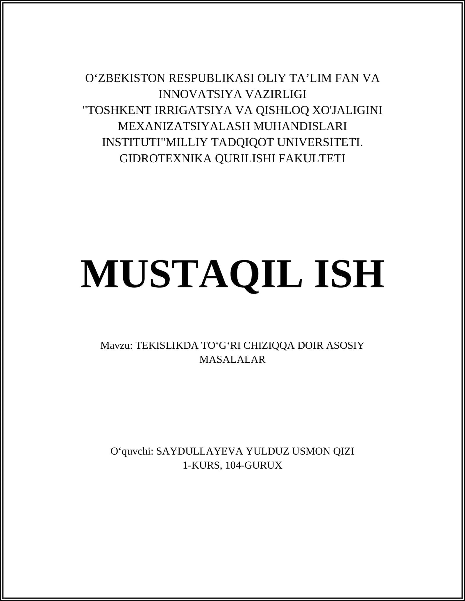 TEKISLIKDA TOʻGʻRI CHIZIQQA DOIR ASOSIY MASALALAR 1
