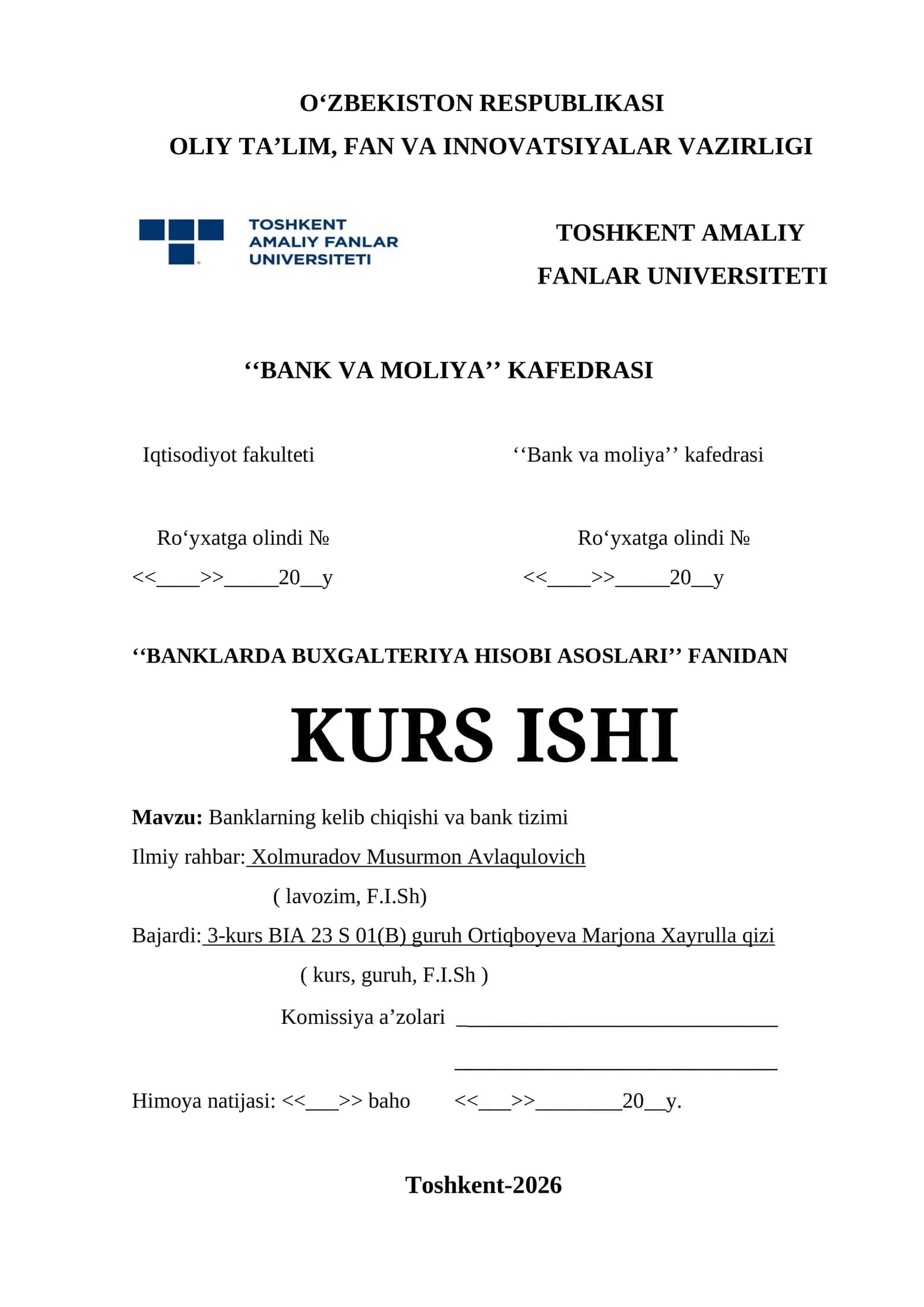Banklarda Buxgalteriya Hisobi Asoslari Kurs Ishi 1