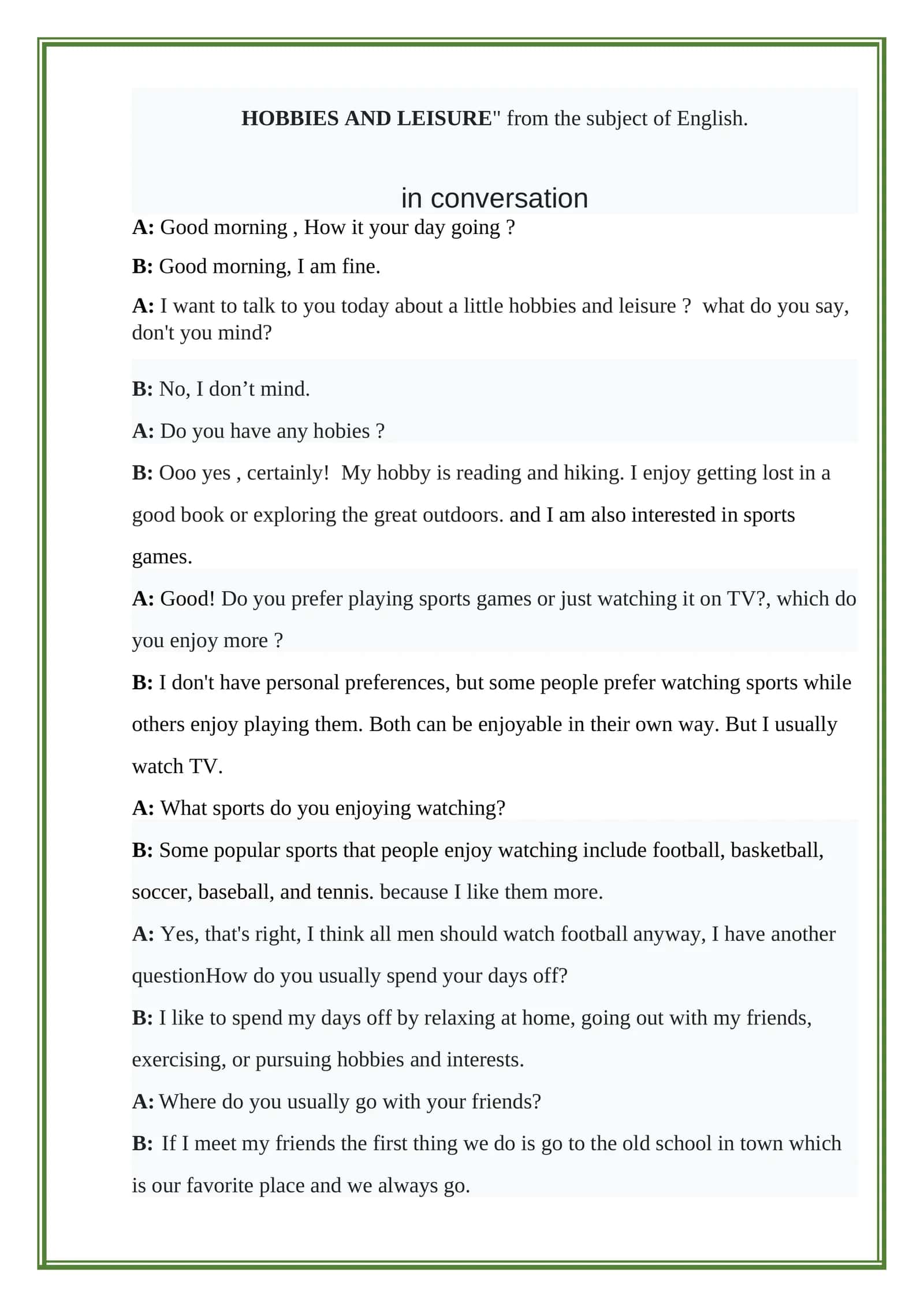HOBBIES AND LEISURE in conversation 1