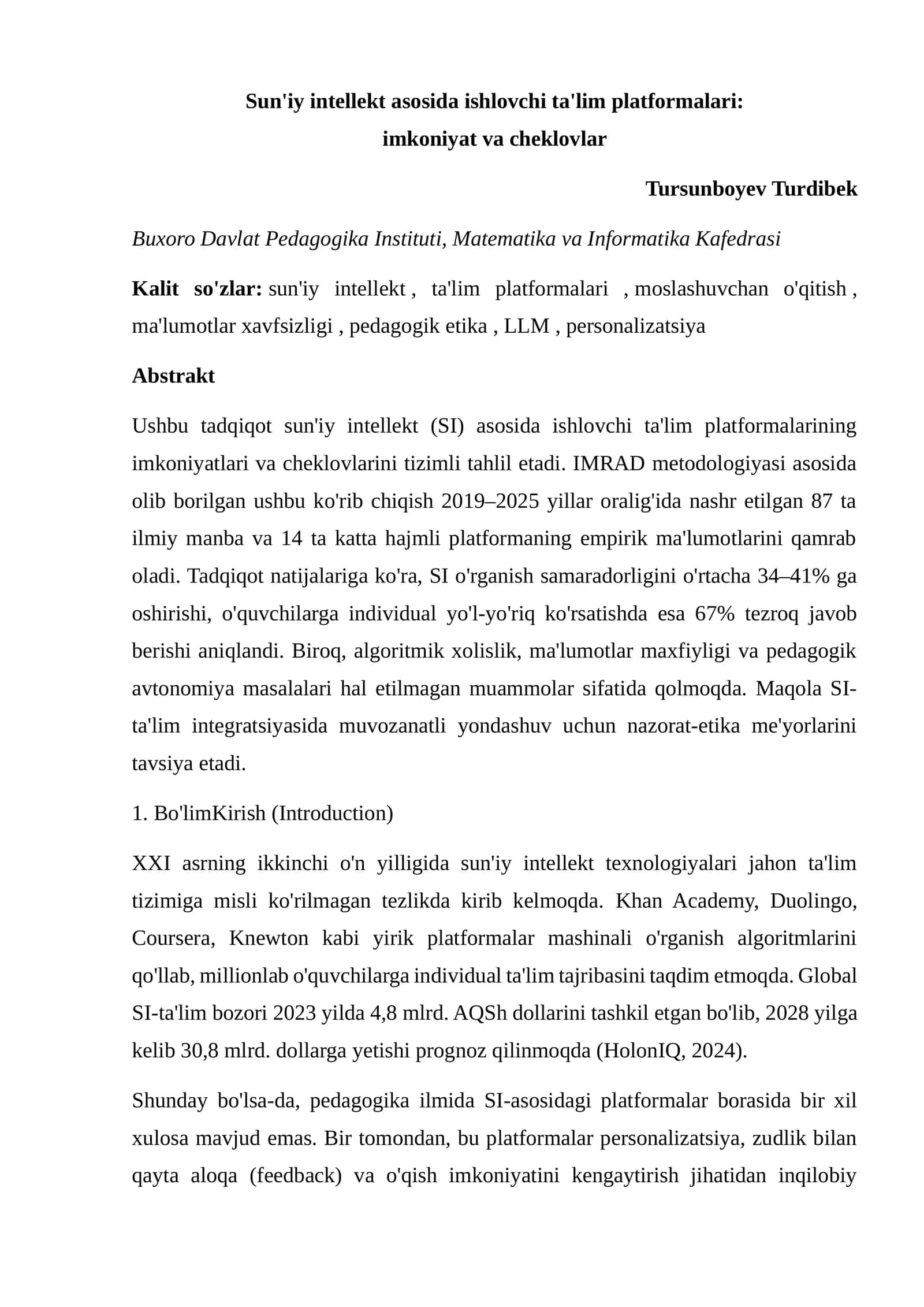 Sun'iy intellekt asosida ishlovchi ta'lim platformalari: imkoniyat va cheklovlar 1
