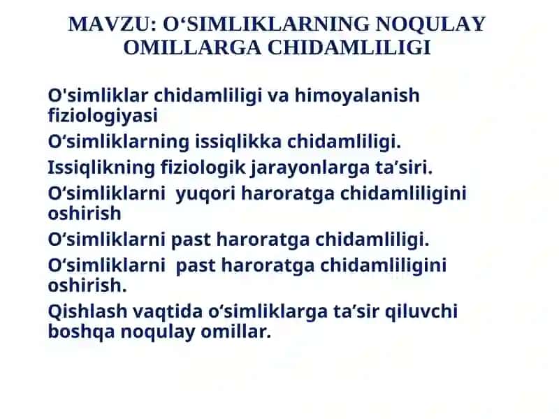 O'simliklar chidamliligi va himoyalanish fiziologiyasi