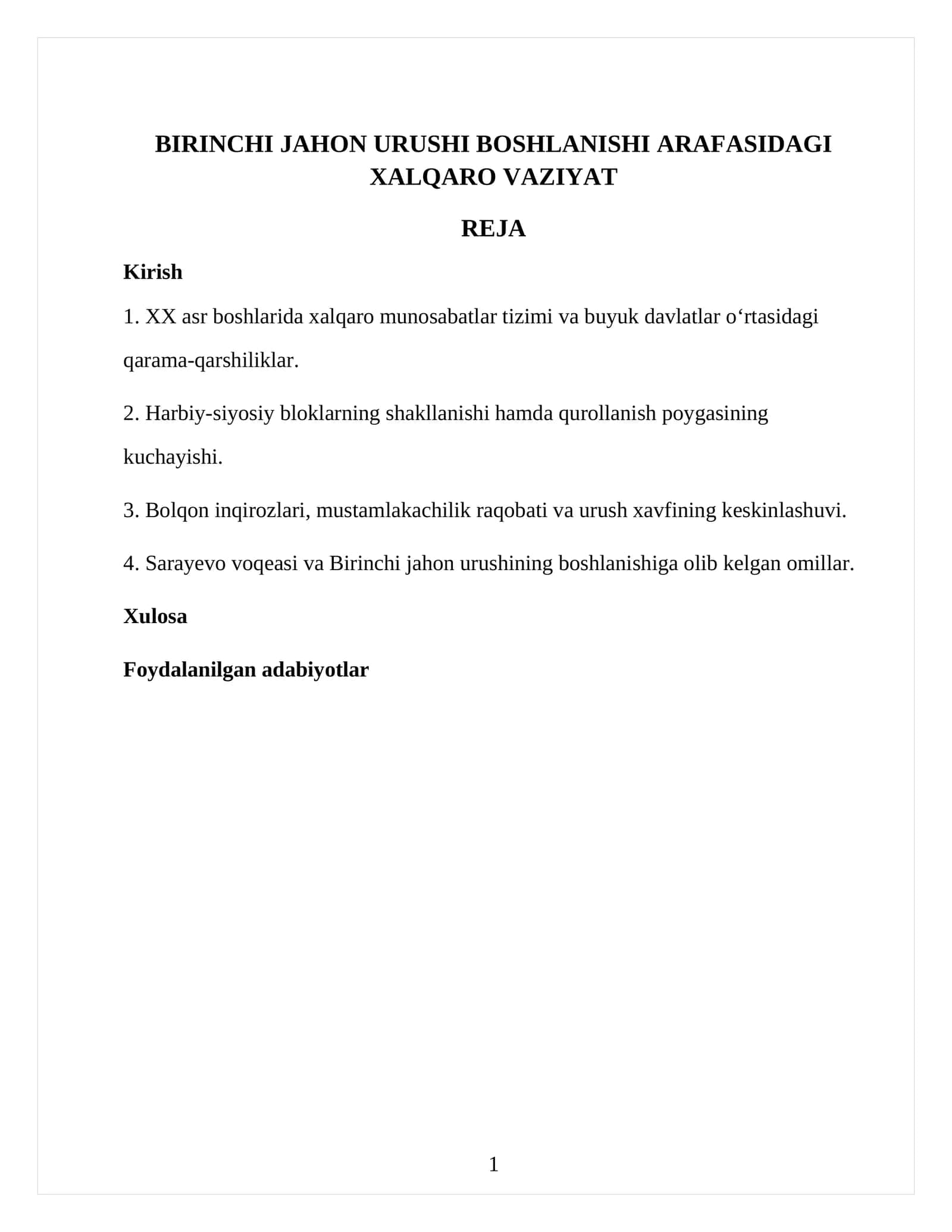 BIRINCHI JAHON URUSHI BOSHLANISHI ARAFASIDAGI XALQARO VAZIYAT 1