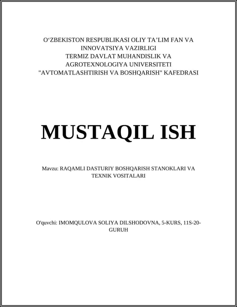 RAQAMLI DASTURIY BOSHQARISH STANOKLARI VA TEXNIK VOSITALARI 1
