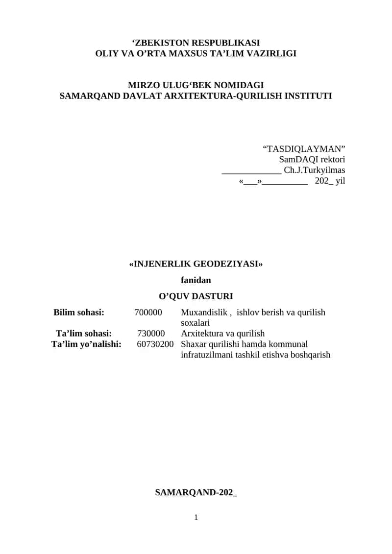 INJENERLIK GEODEZIYASI O'QUV DASTURI 1