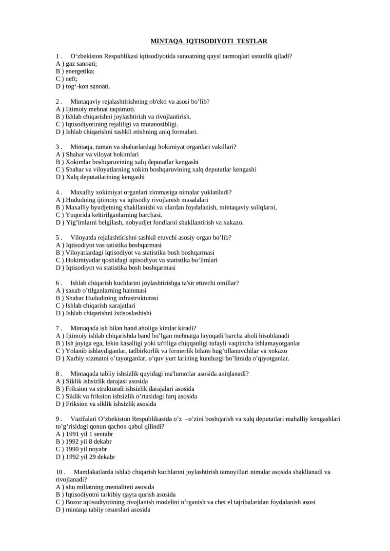 MINTAQA IQTISODIYOTI TESTLAR 1