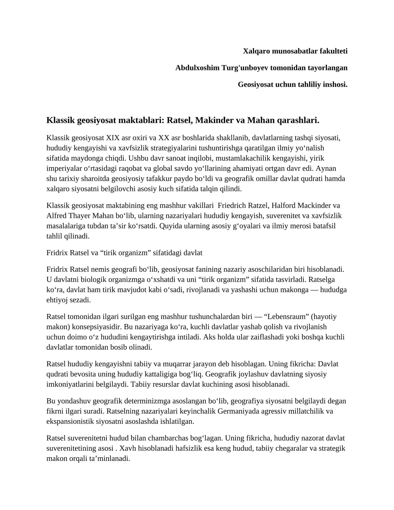 Klassik geosiyosat maktabi: Ratsel, Makinder va Mahan qarashlari 1