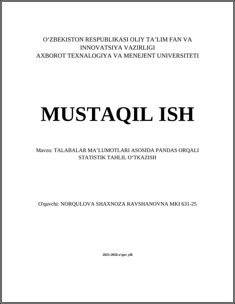 Talabalar ma'lumotlari asosida Pandas orqali statistik tahlil o‘tkazish 1