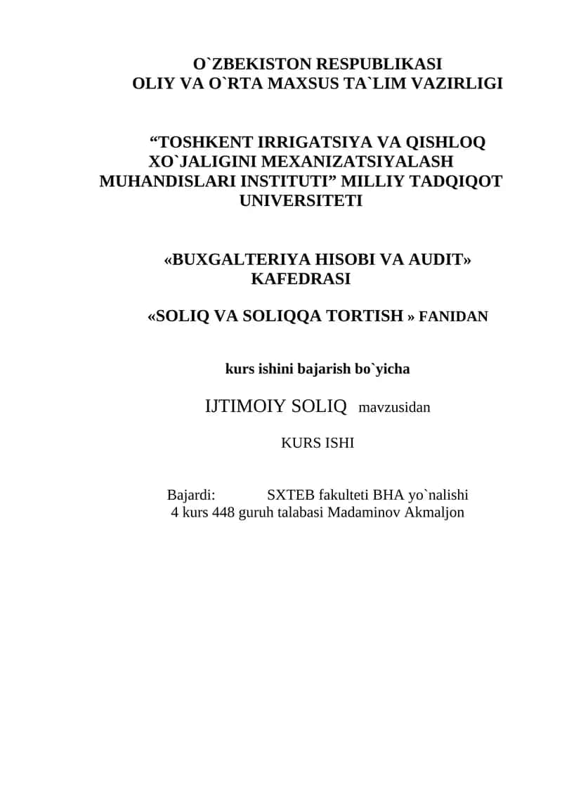 IJTIMOIY SOLIQ mavzusidan KURS ISHI 1