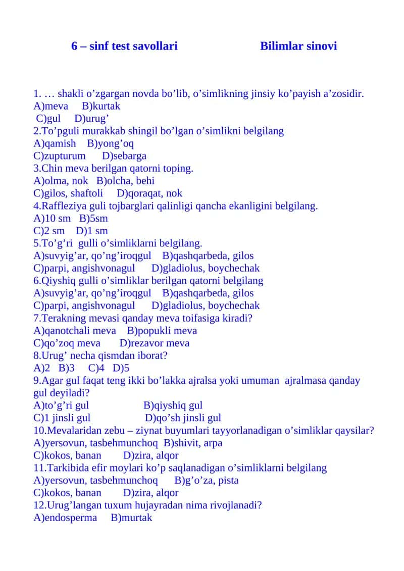 6 – sinf test savollari Bilimlar sinovi 1