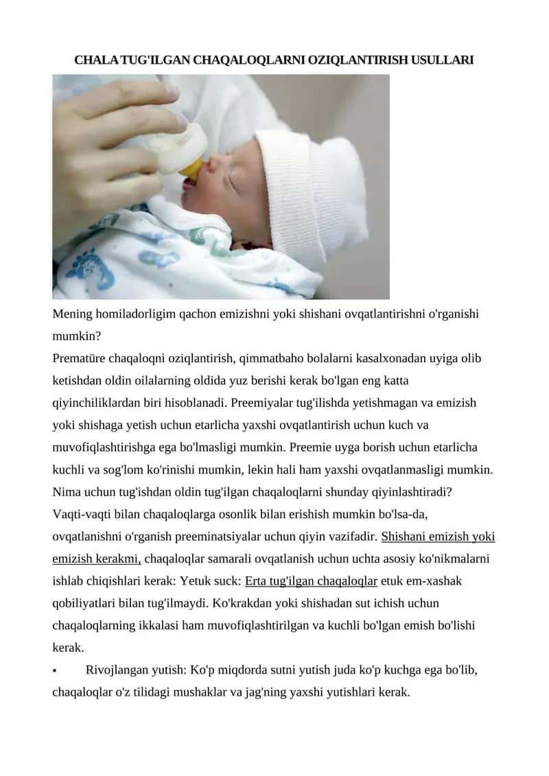 CHALA TUG'ILGAN CHAQALOQLARNI OZIQLANTIRISH USULLARI 1