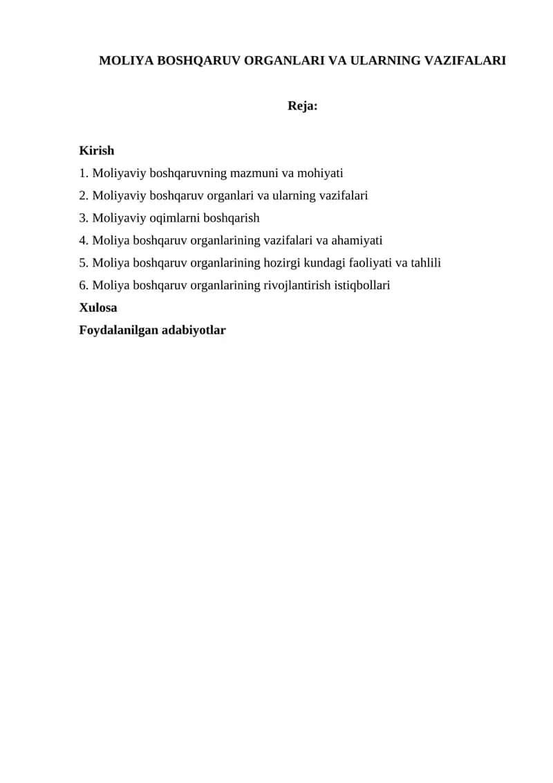 MOLIYA BOSHQARUV ORGANLARI VA ULARNING VAZIFALARI 1