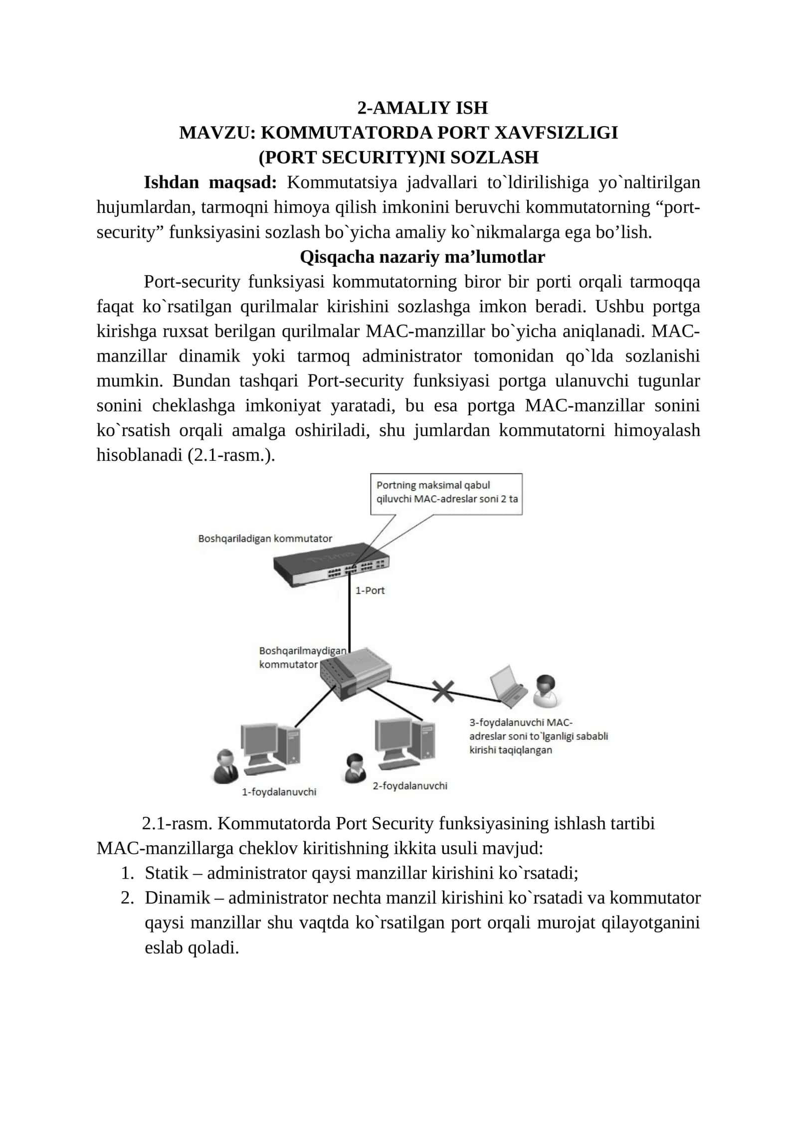 KOMMUTATORDA PORT XAVFSIZLIGI (PORT SECURITY)NI SOZLASH 1