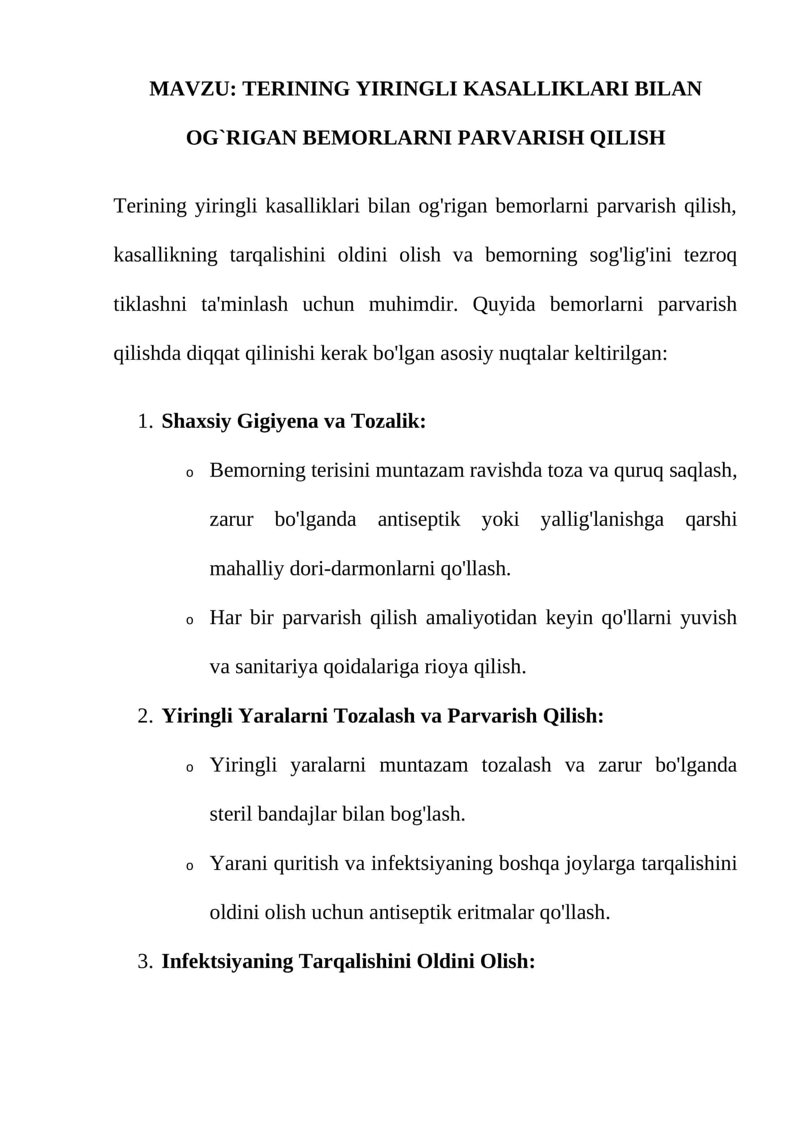 TERINING YIRINGLI KASALLIKLARI BILAN OG'RIGAN BEMORLARNI PARVARISH QILISH 1