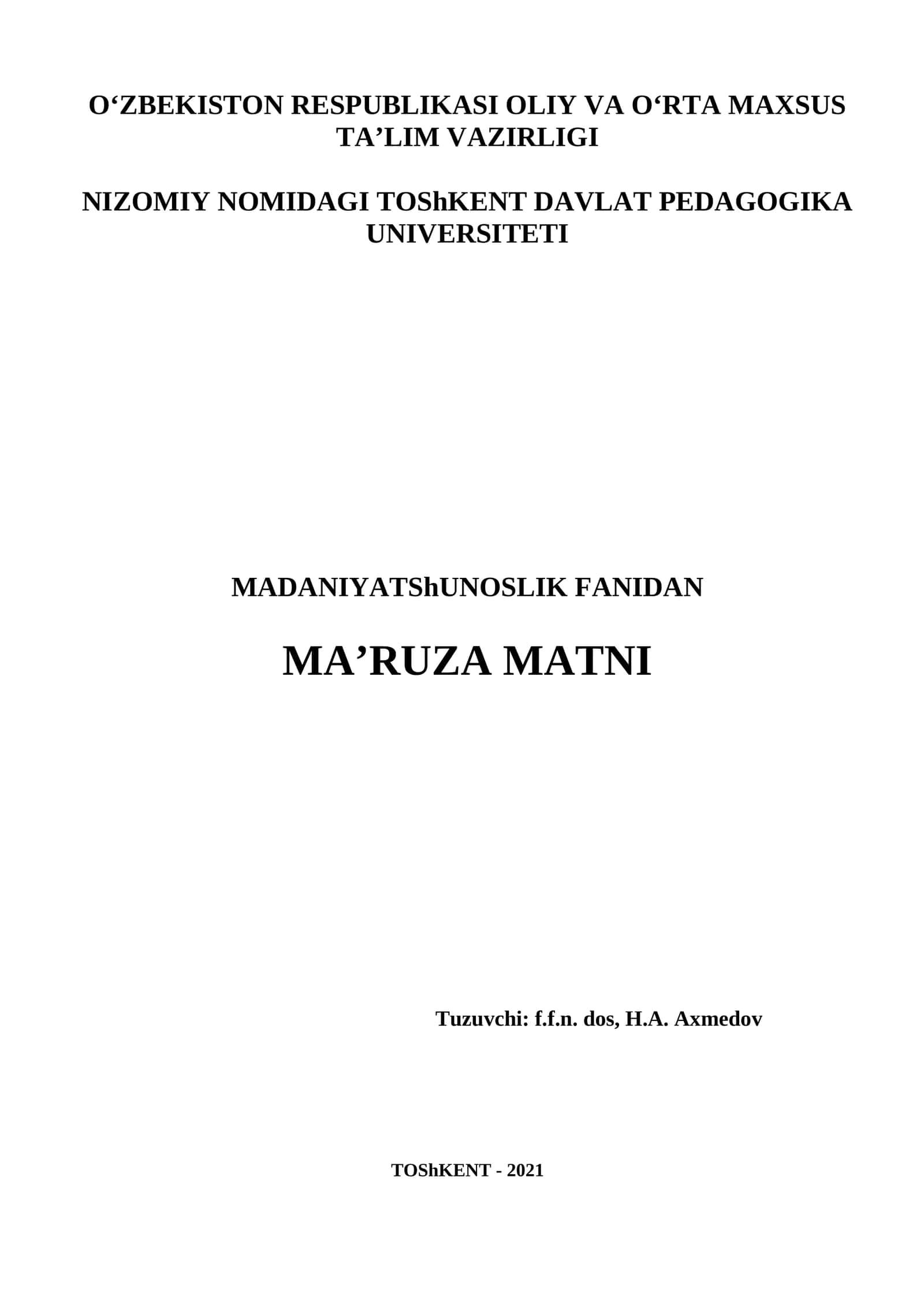 Madaniyatshunoslik Fanidan Ma'ruza Matni 1