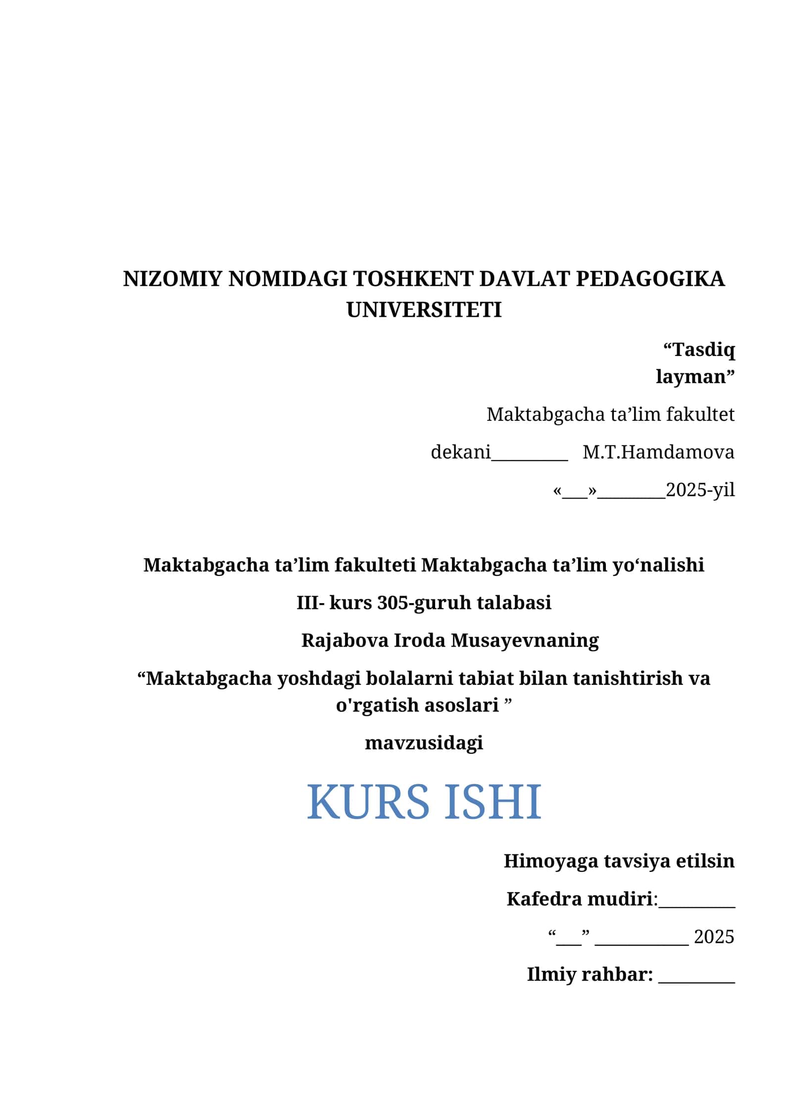 "Maktabgacha yoshdagi bolalarni tabiat bilan tanishtirish va o'rgatish asoslari" 1