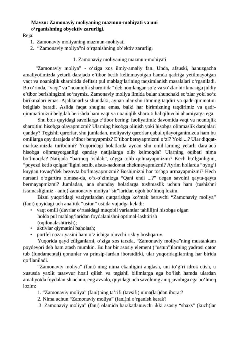 Zamonaviy moliyaning mazmun-mohiyati va uni o‘rganishning obyektiv zarurligi 1