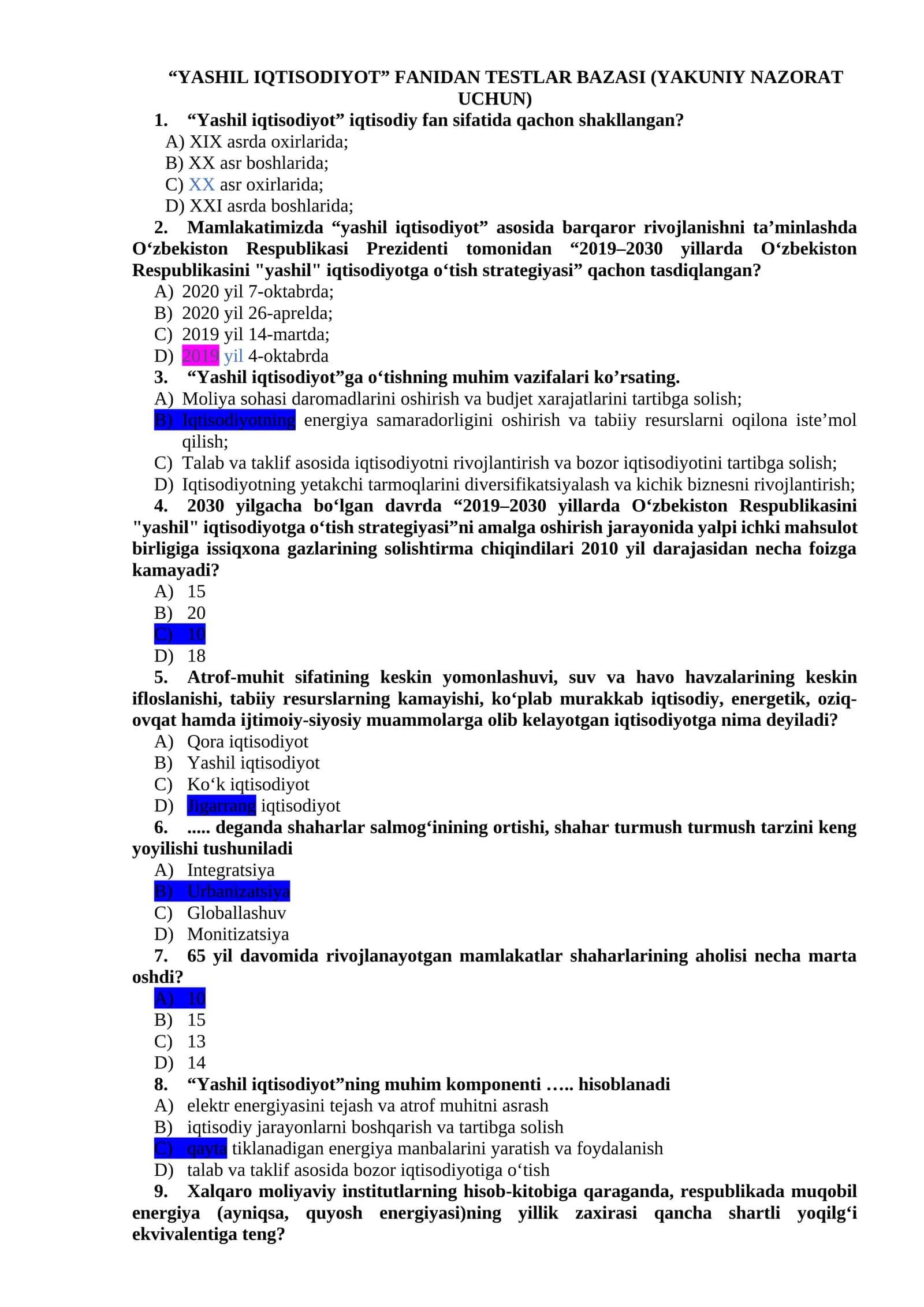 “YASHIL IQTISODIYOT” FANIDAN TESTLAR BAZASI (YAKUNIY NAZORAT UCHUN) 1