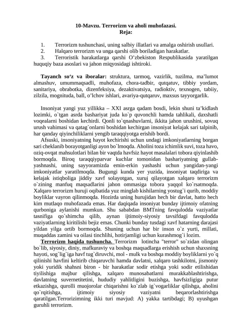 10-Mavzu. Terrorizm va aholi muhofazasi 1