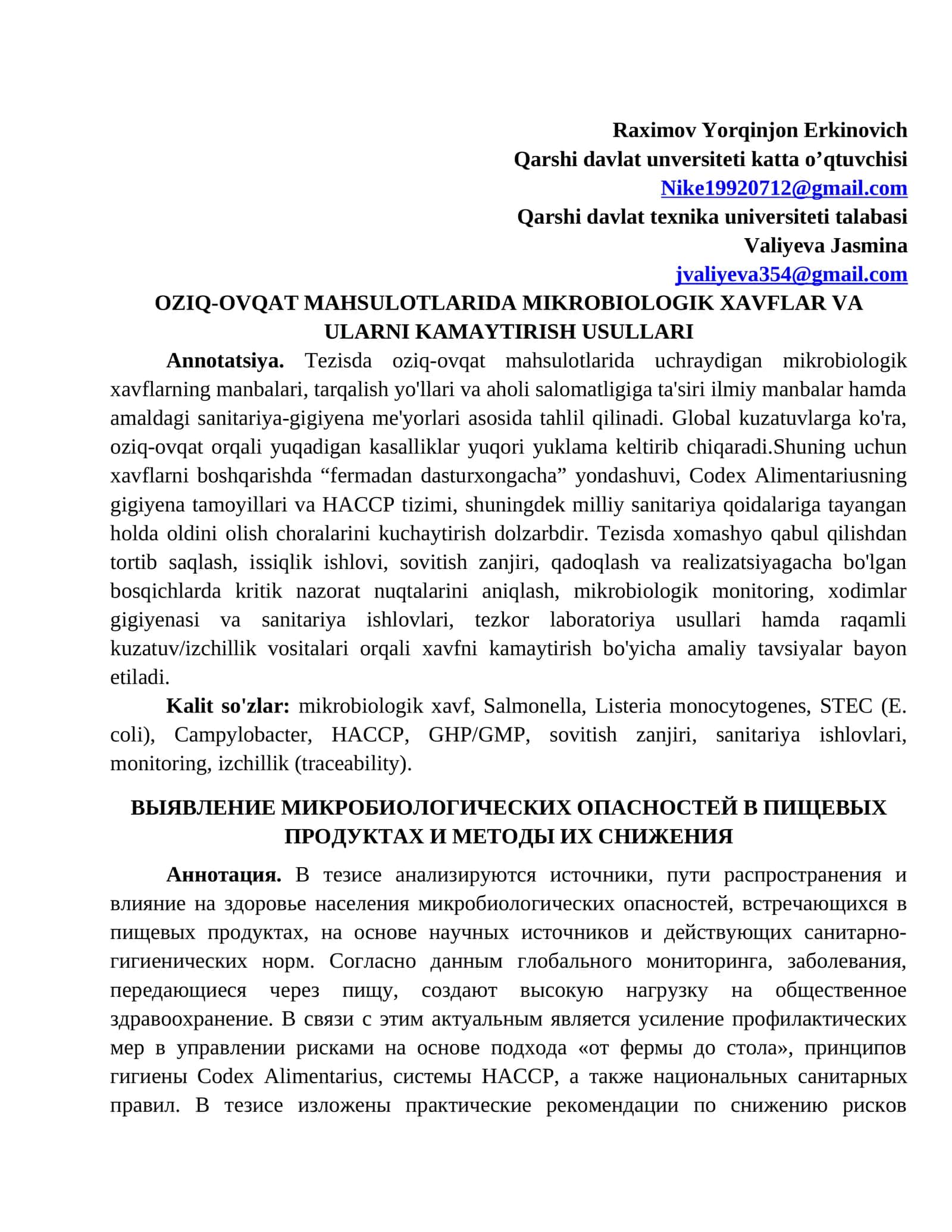 OZIQ-OVQAT MAHSULOTLARIDA MIKROBIOLOGIK XAVFLAR VA ULARNI KAMAYTIRISH USULLARI 1