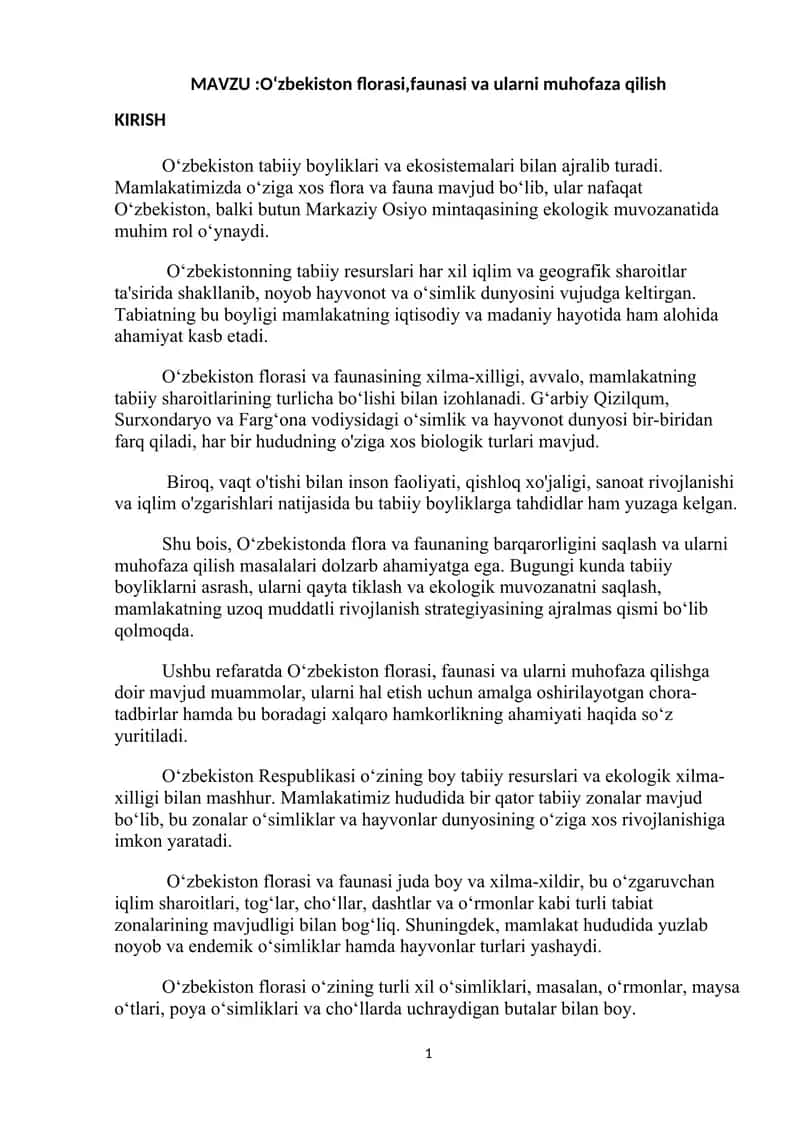 Oʻzbekiston florasi,faunasi va ularni muhofaza qilish 1