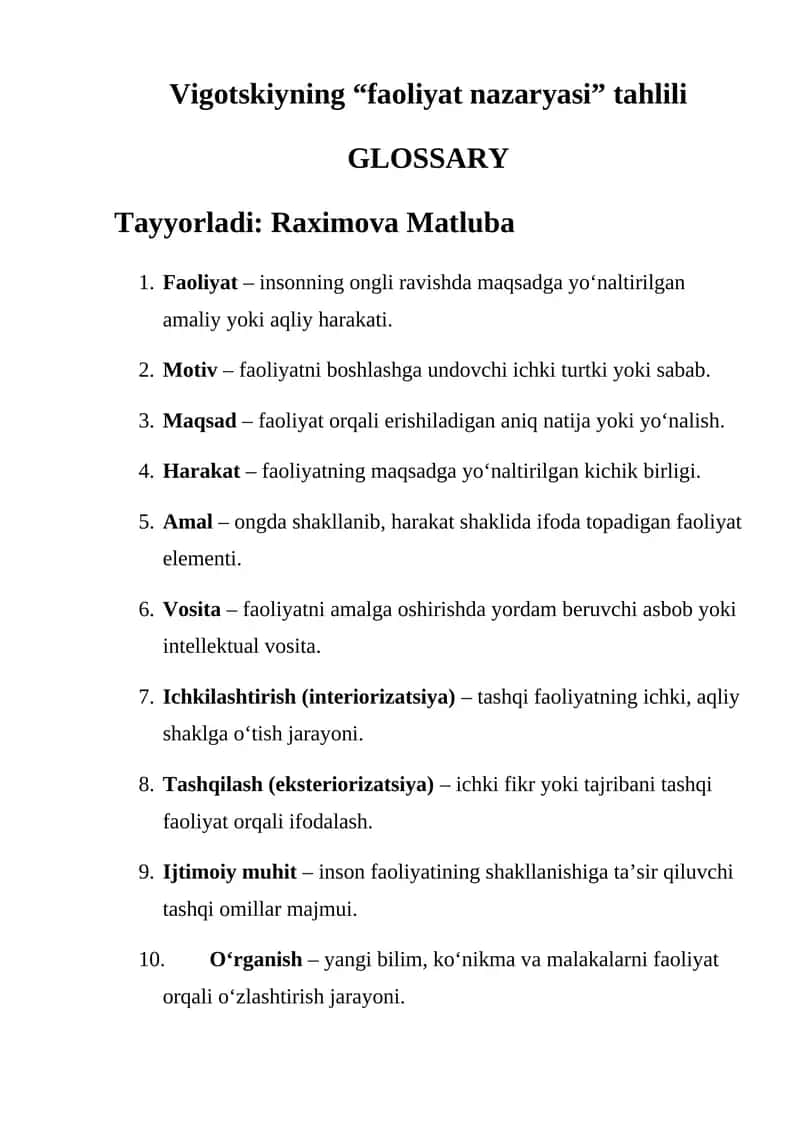 Vigotskiyning “faoliyat nazaryasi” tahlili 1