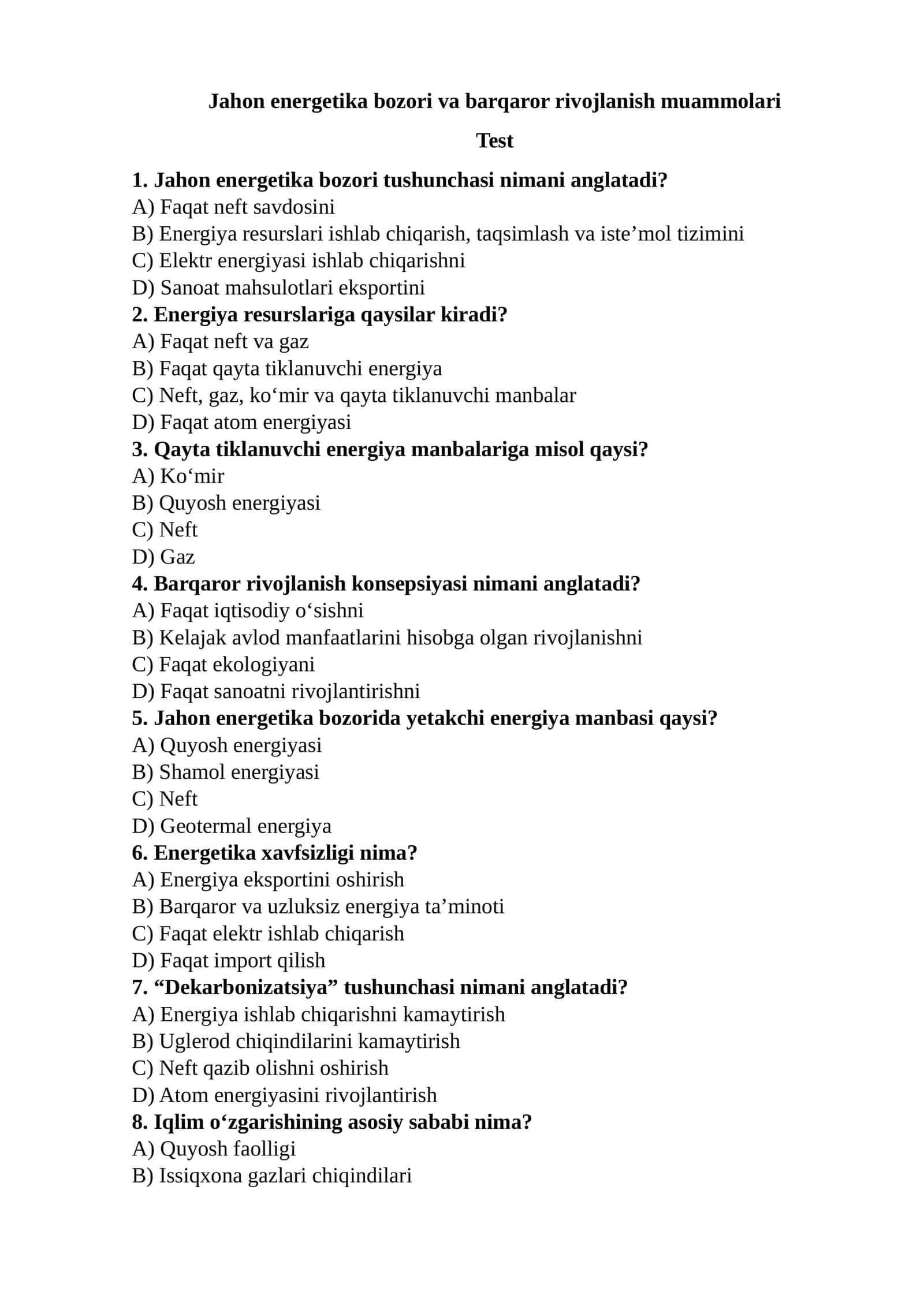 Jahon energetika bozori va barqaror rivojlanish muammolari 1