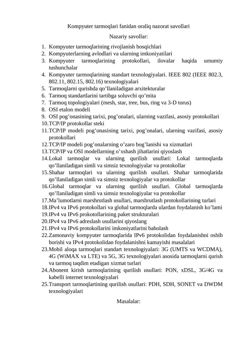 Kompyuter tarmoqlari fanidan oraliq nazorat savollari 1