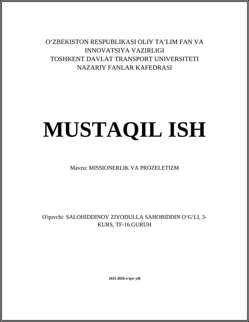 MISSIONERLIK VA PROZELETIZM 1