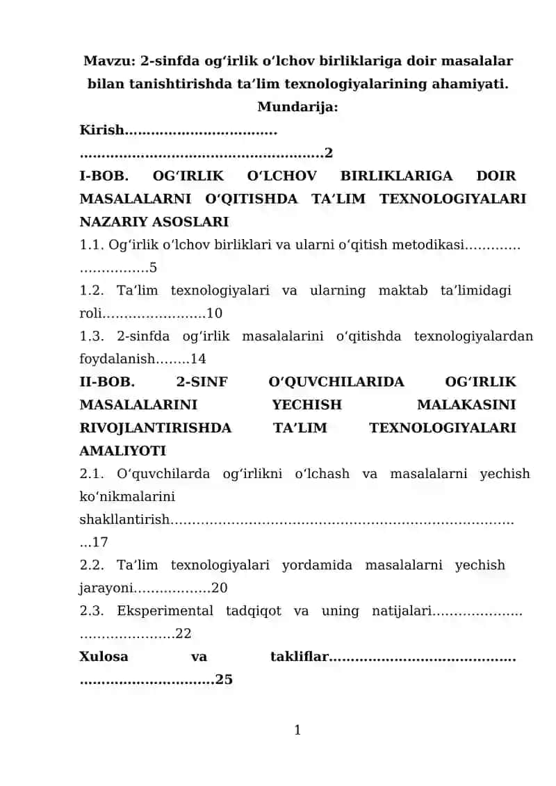 2- sinfda og‘irlik o‘lchov birliklariga doir masalalar bilan tanishtirishda ta’lim texnologiyalari