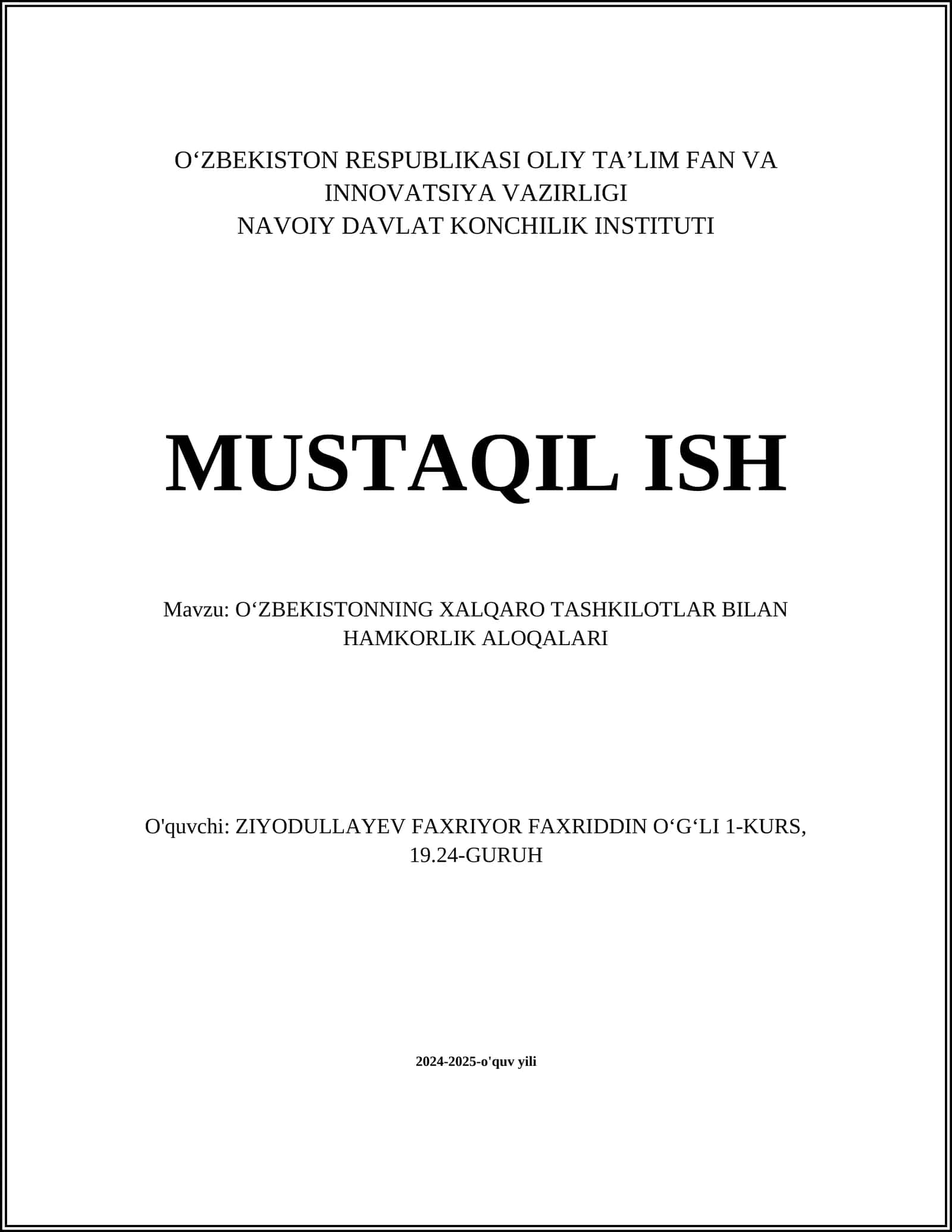 Oʻzbekistonning Xalqaro Tashkilotlar Bilan Hamkorlik Aloqalari 1