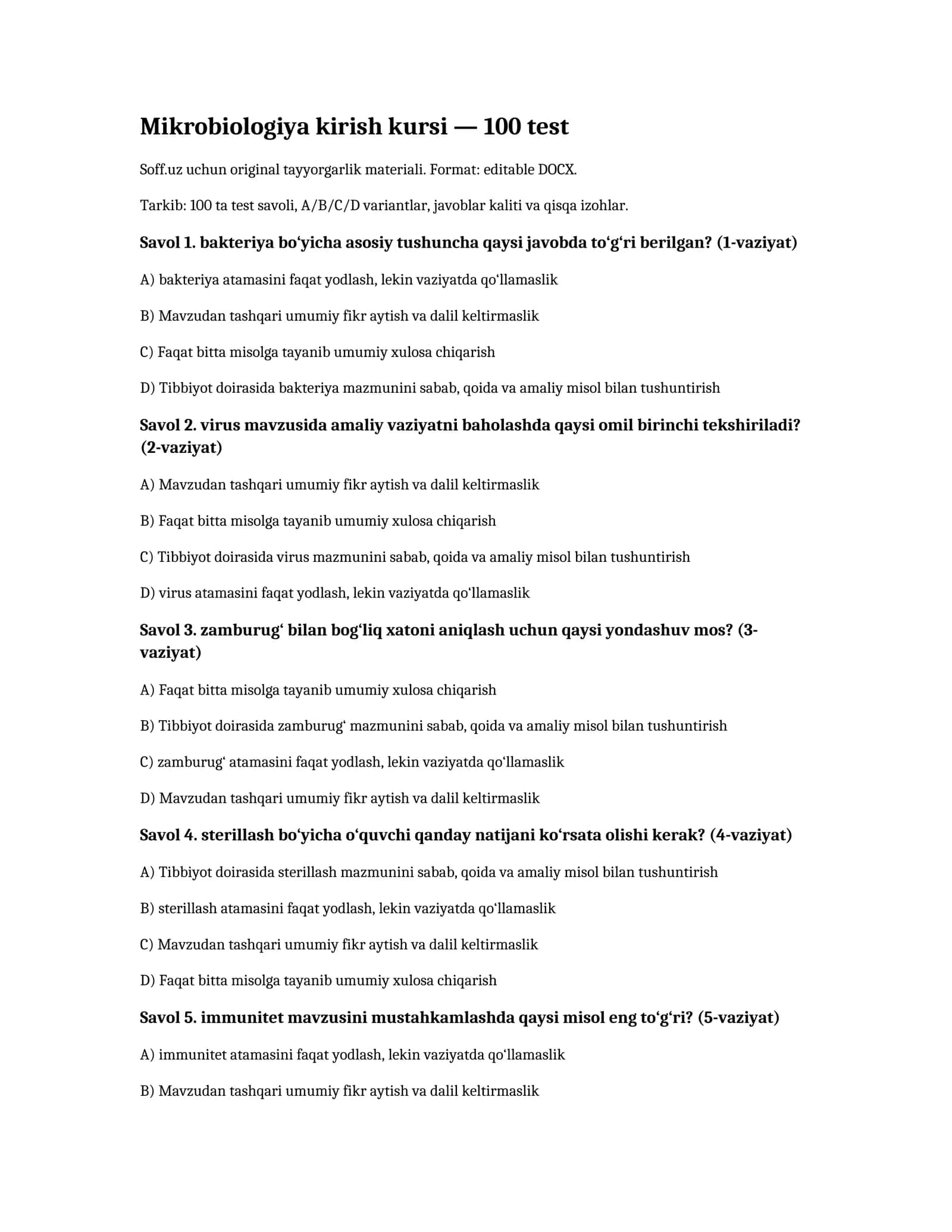 Mikrobiologiya kirish kursi — 100 test 1