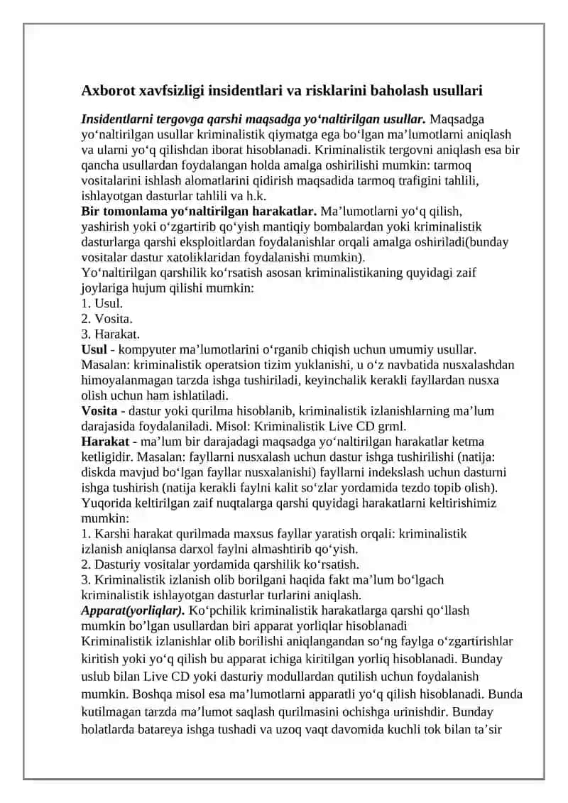 Axborot xavfsizligi insidentlari va risklarini baholash usullari