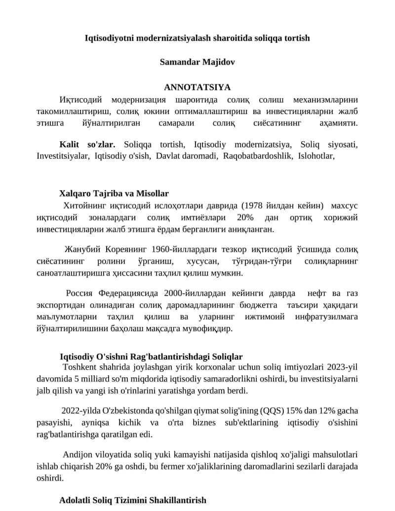 Iqtisodiyotni modernizatsiyalash sharoitida soliqqa tortish 1
