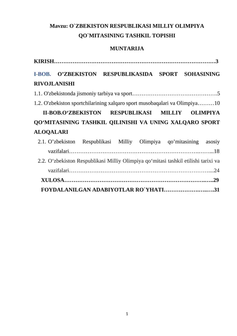 O`ZBEKISTON RESPUBLIKASI MILLIY OLIMPIYA QO`MITASINING TASHKIL TOPISHI 1