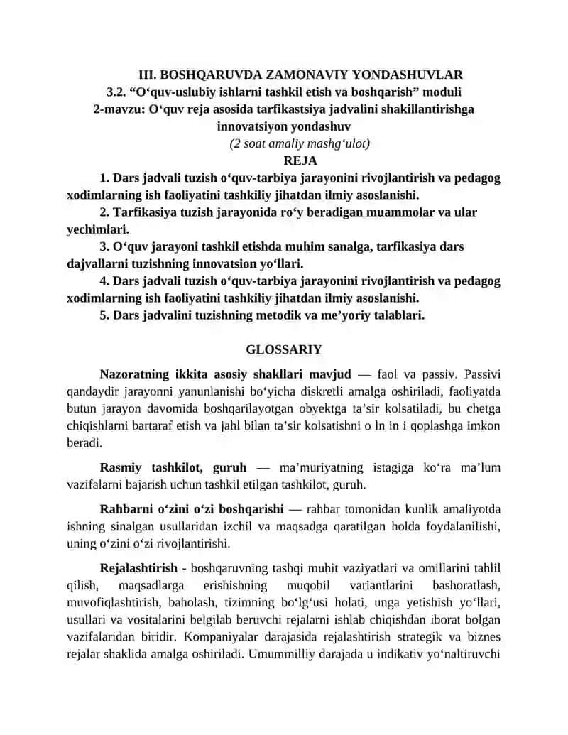 Oʻquv reja asosida tarfikastsiya jadvalini shakillantirishga innovatsiyon yondashuv.