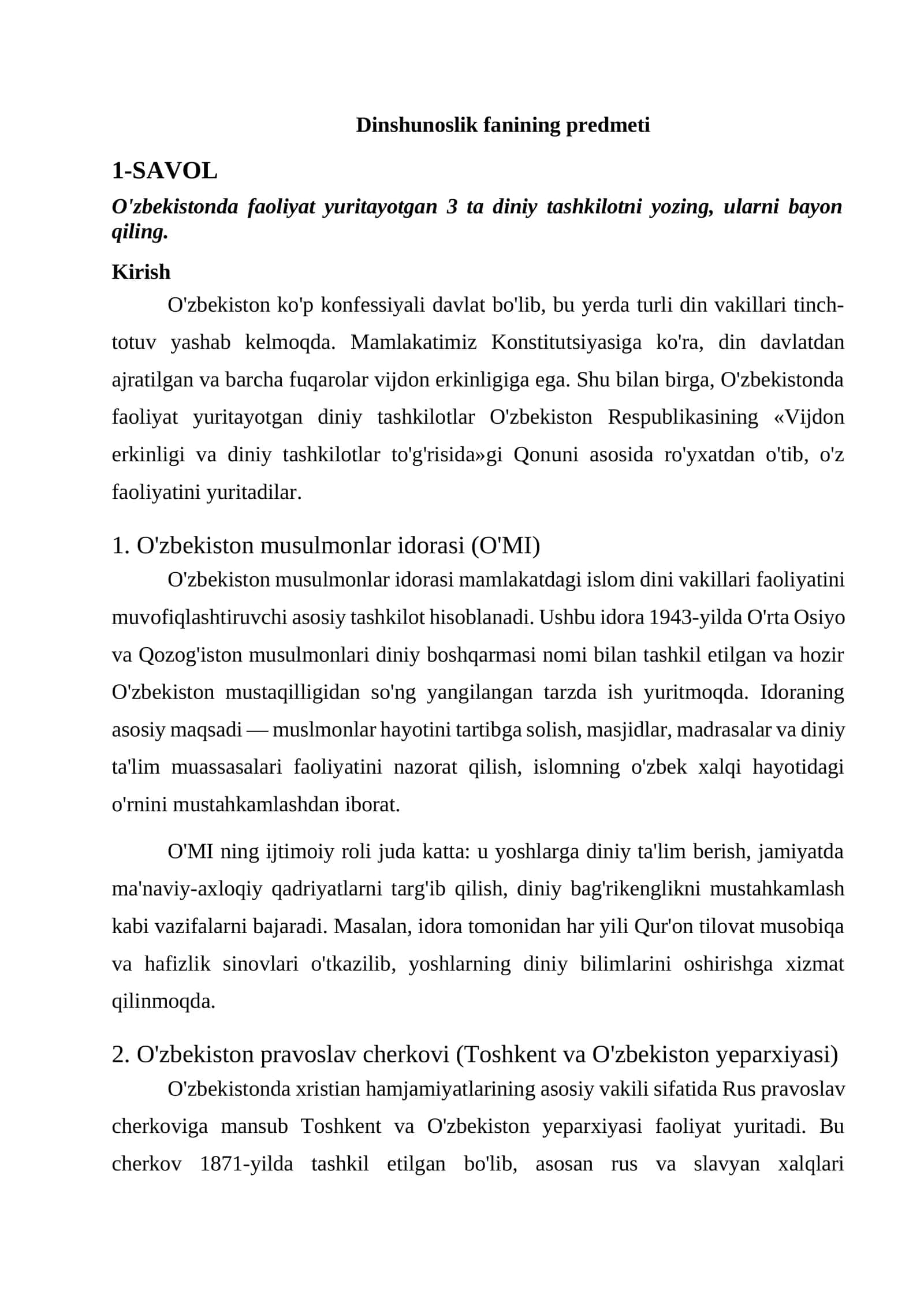 Dinshunoslik fanining predmeti 1