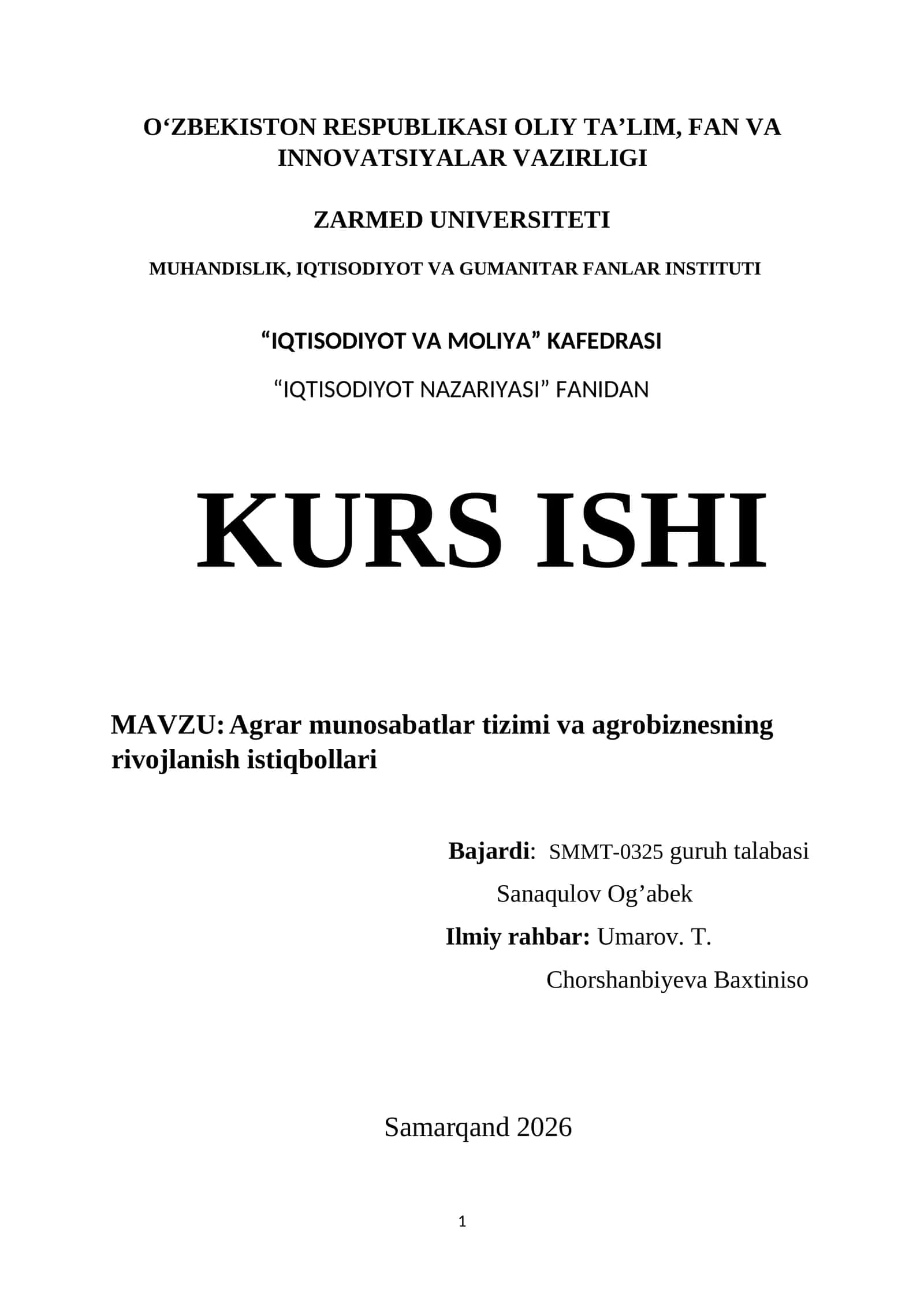 Agrar munosabatlar tizimi va agrobiznesning rivojlanish istiqbollari 1