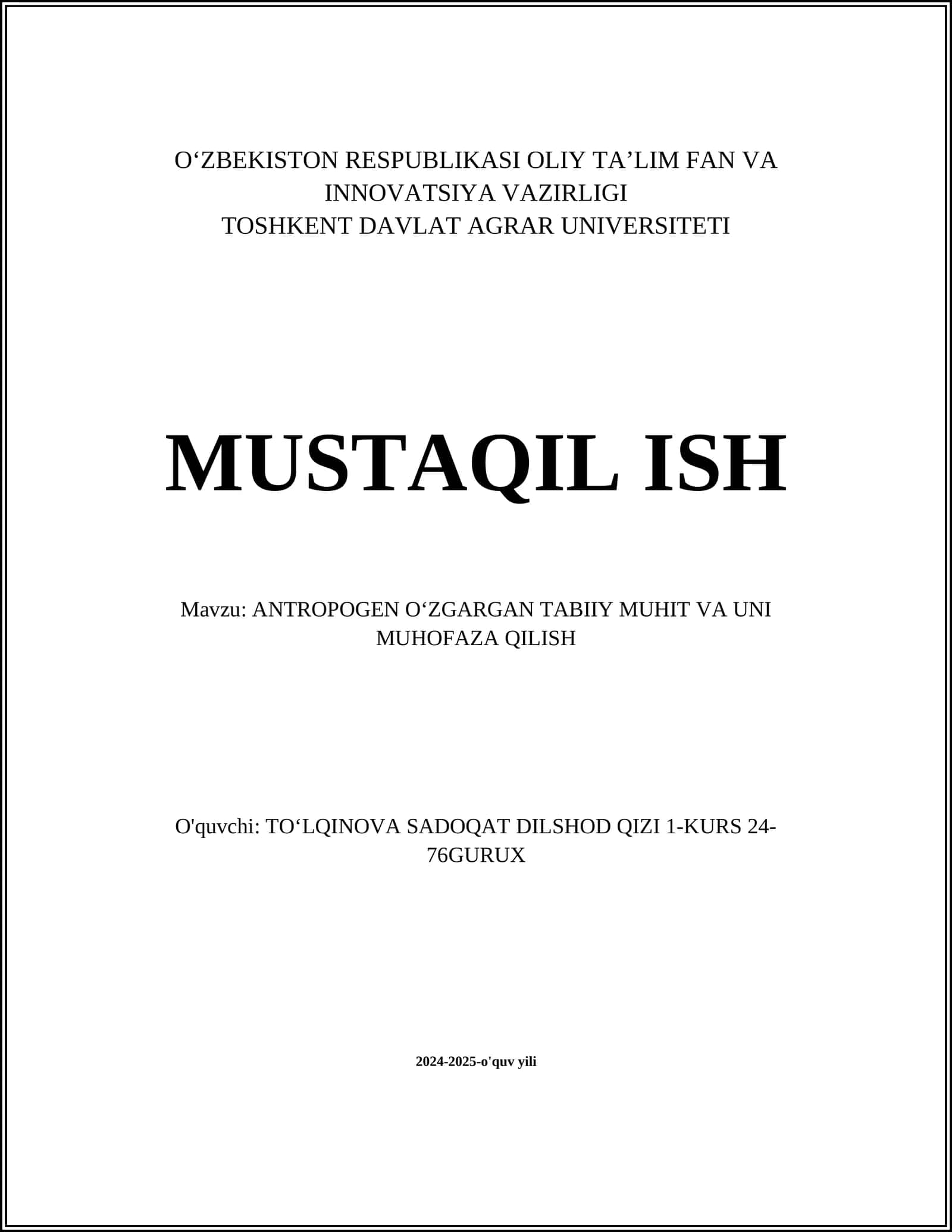 ANTROPOGEN OʻZGARGAN TABIIY MUHIT VA UNI MUHOFAZA QILISH 1