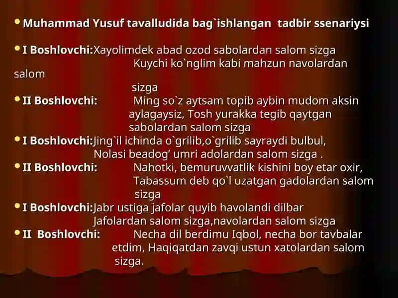 Muhammad Yusuf tavalludida bag`ishlangantadbir ssenariysi
