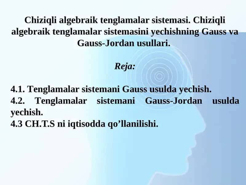 Chiziqli algebraik tenglamalar sistemasi. Chiziqli algebraik tenglamalar sistemasini yechishning Gauss va Gauss-Jordan usullari. 1